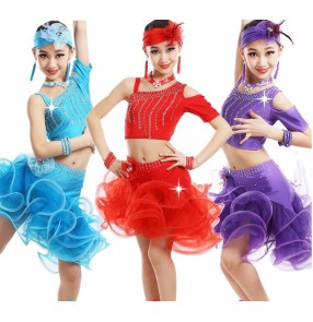 Red purple violet turquoise blue split set girls kids children rhinestones one shoulder short sleeves performance competition school play latin salsa ballroom dance dresses outfits